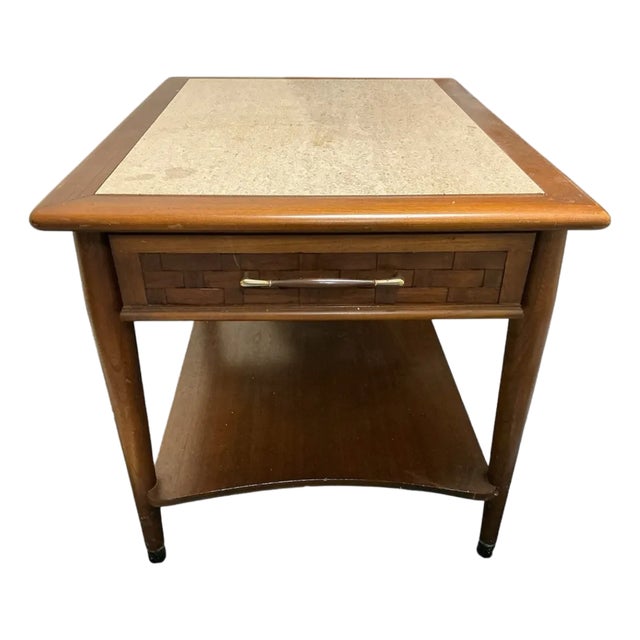 Vintage Lane Perception Mid-Century Modern End Table With Basketweave Drawer and Travertine Top For Sale