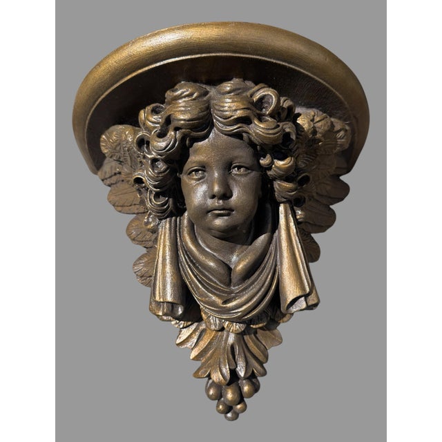 Art Nouveau Pair of Figural Cast Resin Hanging Wall Shelves With Winged Cupid Angel Heads For Sale - Image 3 of 9