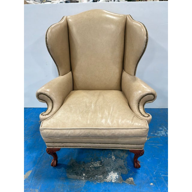 Sand Ethan Allen Vintage Leather Wing Chair For Sale - Image 8 of 9