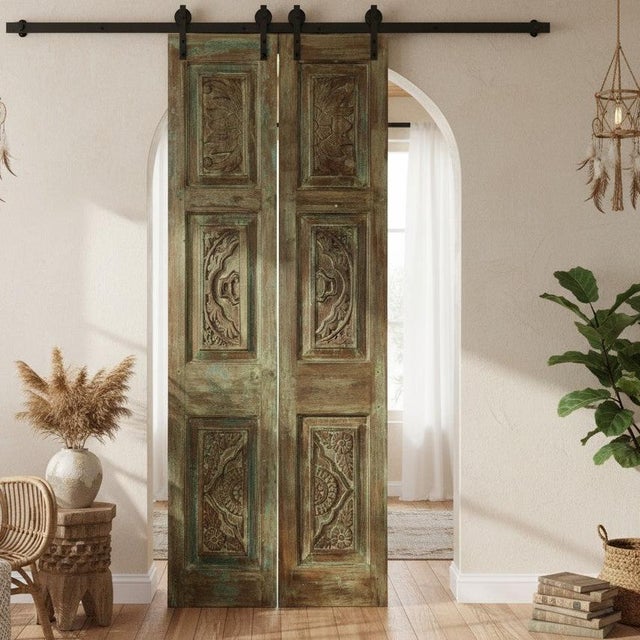 1920s Vintage Carved Double Doors Floral Carved Hinged or Barn Doors 80x32 For Sale - Image 5 of 5