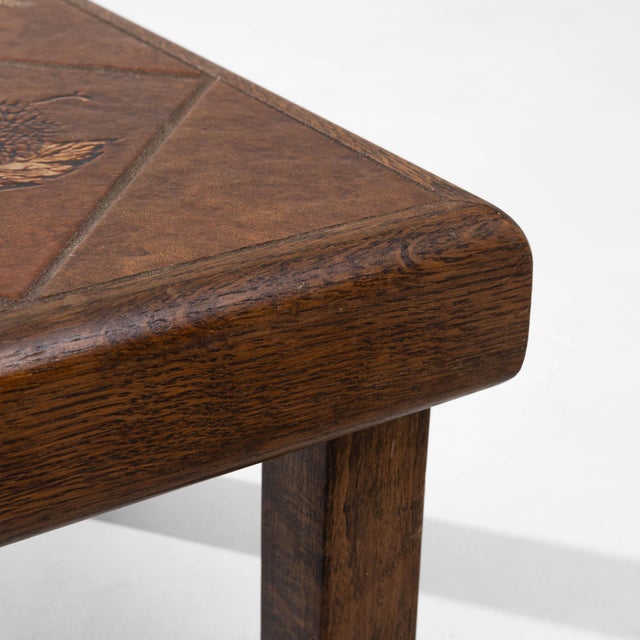1970s French Oak Coffee Table With Floral Ceramic Top For Sale - Image 10 of 18