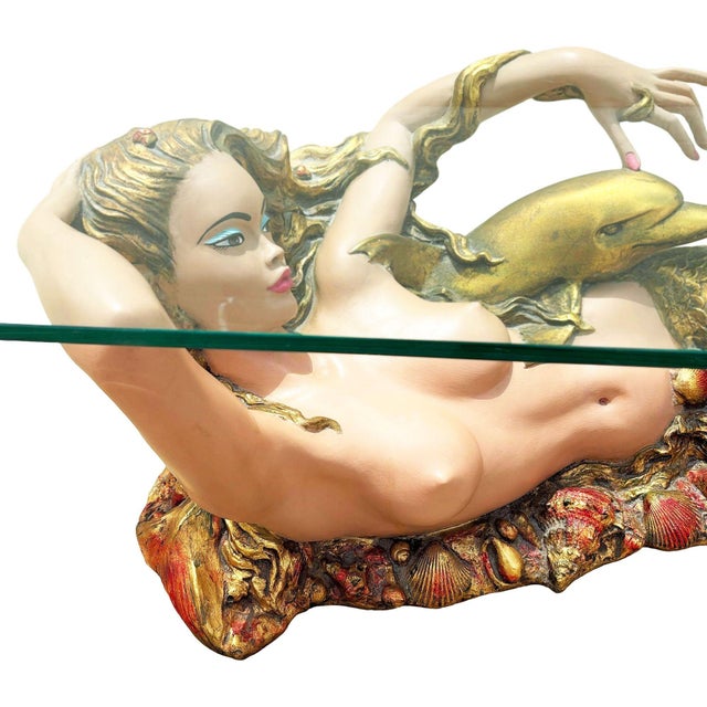 Mid-Century Sculptural Gold Nude Mermaid & Dolphin Coffee Table W/ Glass Top For Sale In Los Angeles - Image 6 of 11