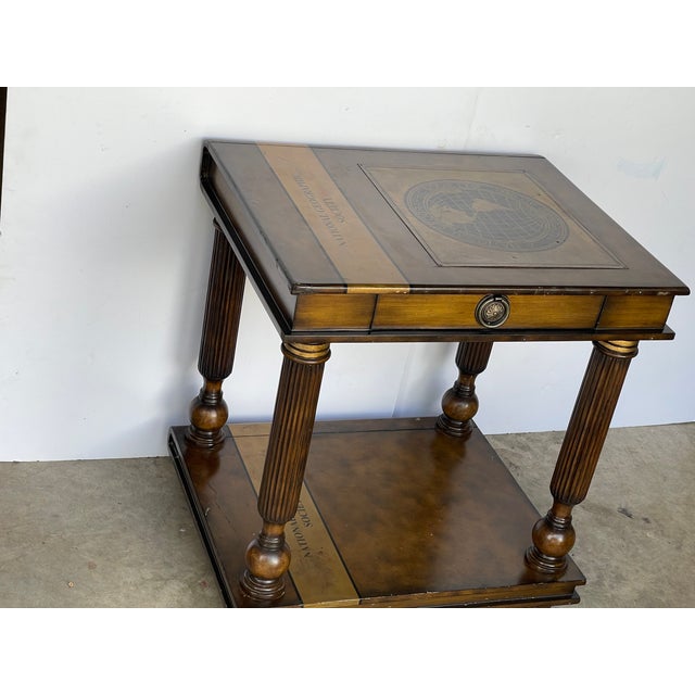 Vintage National Geographic Maitland Smith library table. On 4 pillar feet with one drawer.
