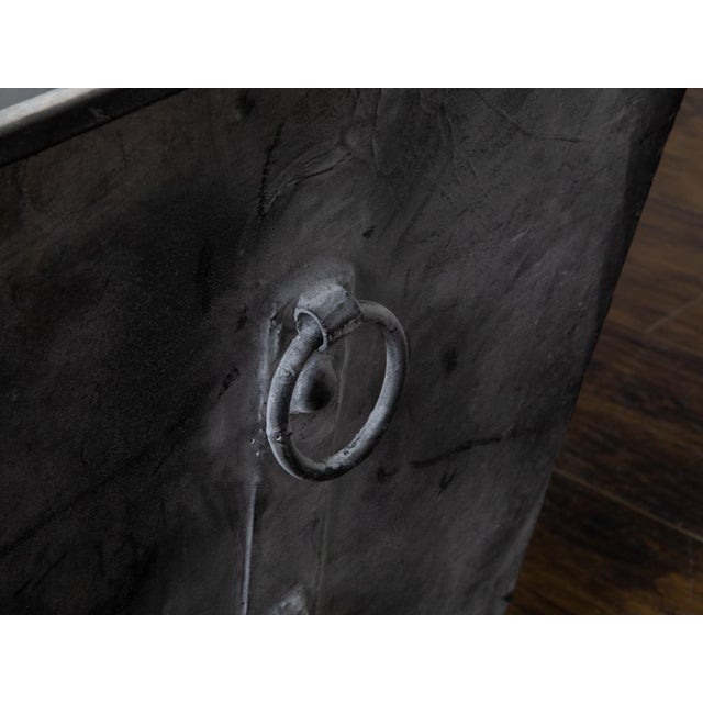 Pair of Industrial Style Grey Metal Planters with Tapered Lines and Ring Pulls For Sale - Image 11 of 11