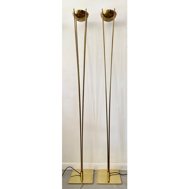 These are vintage brass Relux Milano postmodern torchiere floor lamps from the 80's. This pair of floor lamps features a...