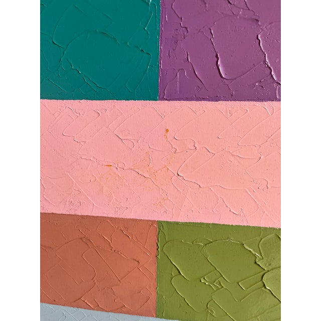 A rhythmic grid of shifting color fields, this painting plays with structure and disruption. Horizontal bands in pastel...