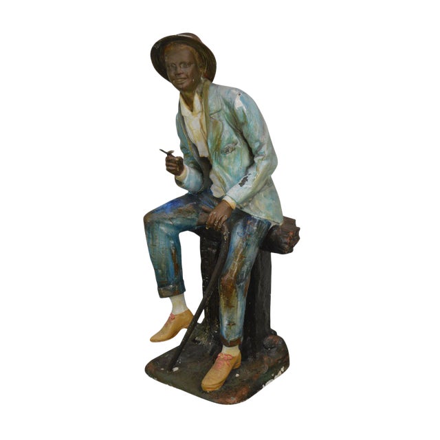 Farnsworth Large Painted Bronze Statue of Seated Black Man With Cane & Cigar For Sale