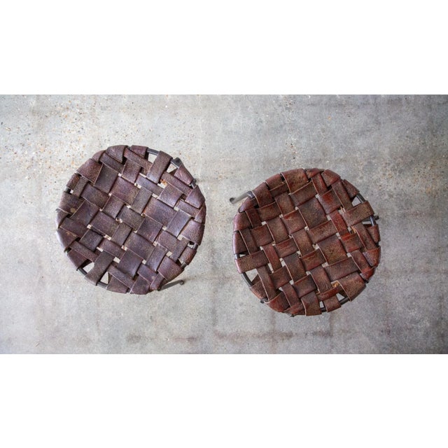 1940s Pair of 1940s Mid Century Modern Swift and Monell Woven Leather & Iron Stools For Sale - Image 5 of 12