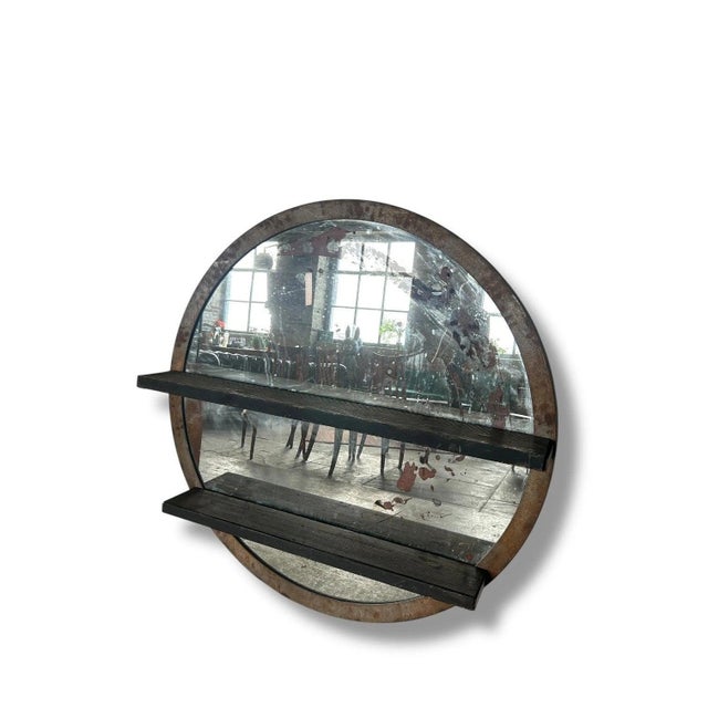 Large Industrial Circular Mirror with Shelves For Sale - Image 6 of 9