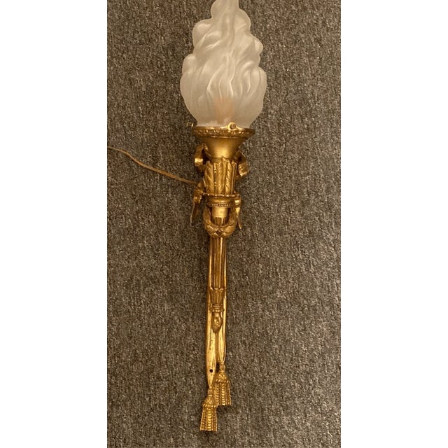 Maison Arlus Bronze Sconce Hand Holding Torch & Flame Glass Shade