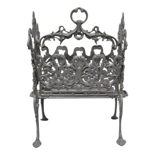 Vintage French Renaissance Victorian Style Cast Iron Magazine Rack With Cherubs For Sale
