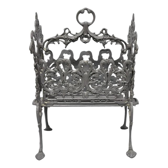 Vintage French Renaissance Victorian Style Cast Iron Magazine Rack With Cherubs For Sale
