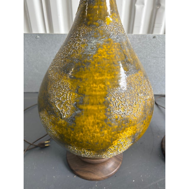 1960s Mid Century 1960s Lava Glaze Yellow Table Lamps- A Pair For Sale - Image 5 of 10