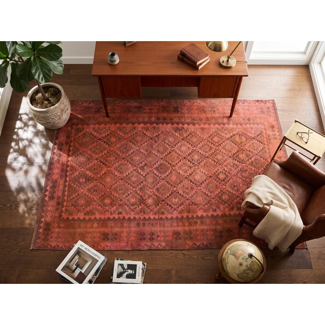 A vintage handwoven Maimana kilim from northern Afghanistan, overdyed in a deep coral rust. Maimana, in Faryab province,...