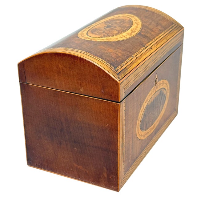 A Delightful And Charming Late 18th Century George III Period Harewood Tea Caddy, with Various Strung Decorations...