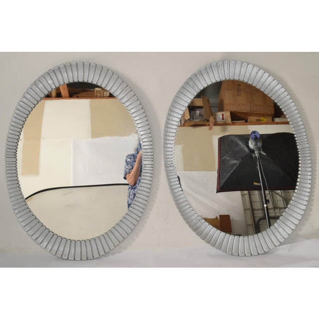 Silver 1980 Pair Decorative Oval Fluted Silver Sunburst Wall Mirrors Mid-Century Modern For Sale - Image 8 of 13