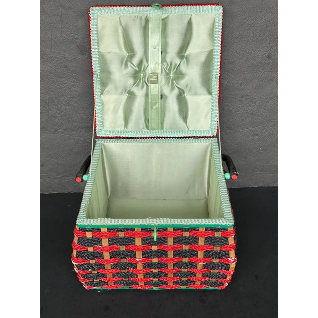Wood Red Plaid Woven Rattan Sewing Basket For Sale - Image 7 of 16