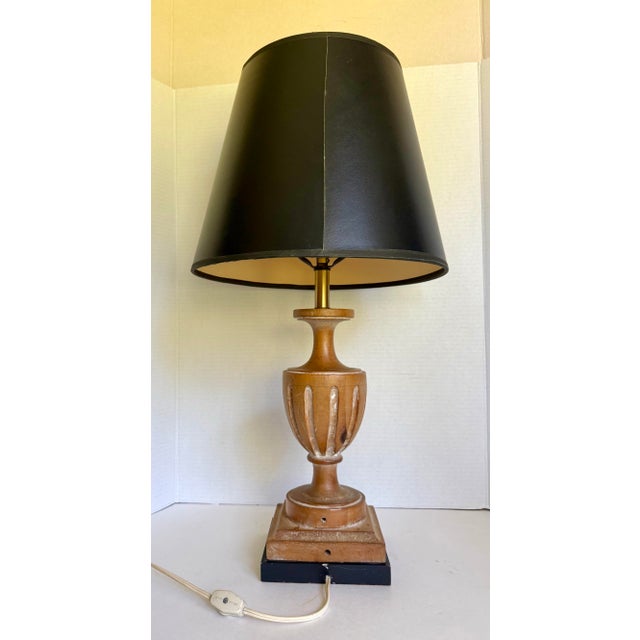 Brown Vintage Neoclassical Whitewashed Carved Wood Urn Table Lamp With Black Shade For Sale - Image 8 of 11