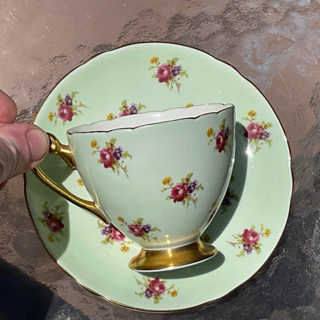 Shelley 1950s Shelley Pale Green Ripon Shape With Small Hulmes Roses Teacup and Saucer For Sale - Image 4 of 4