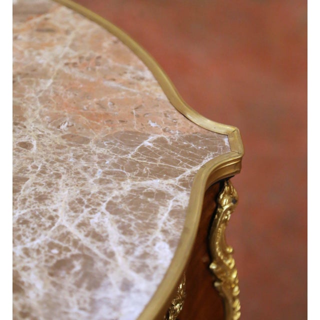 Wood Pair of Mid-C. French Louis XV Marble-Top Mahogany & Ormolu Mounted Side Tables For Sale - Image 7 of 11