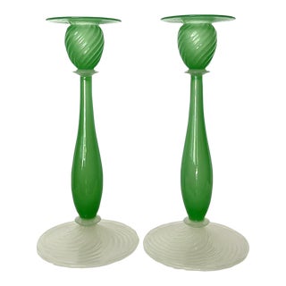Vintage Green Murano Candlesticks- a Pair For Sale