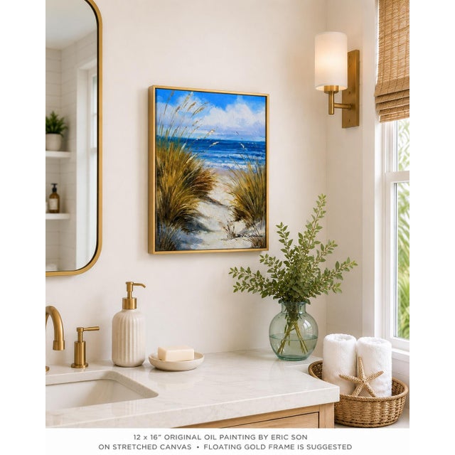 Original Coastal Oil Painting by Eric Son. Beautifully painted on stretched canvas, the composition captures a sandy path...
