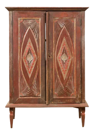 Antique Indonesian Wooden Cabinet with Carved and Painted Geometric Motifs