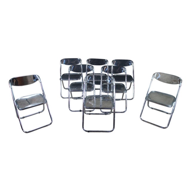1970s Set of 8 Italian Mid Century Modern Acrylic Lucite Tubular Chrome Folding Chairs For Sale