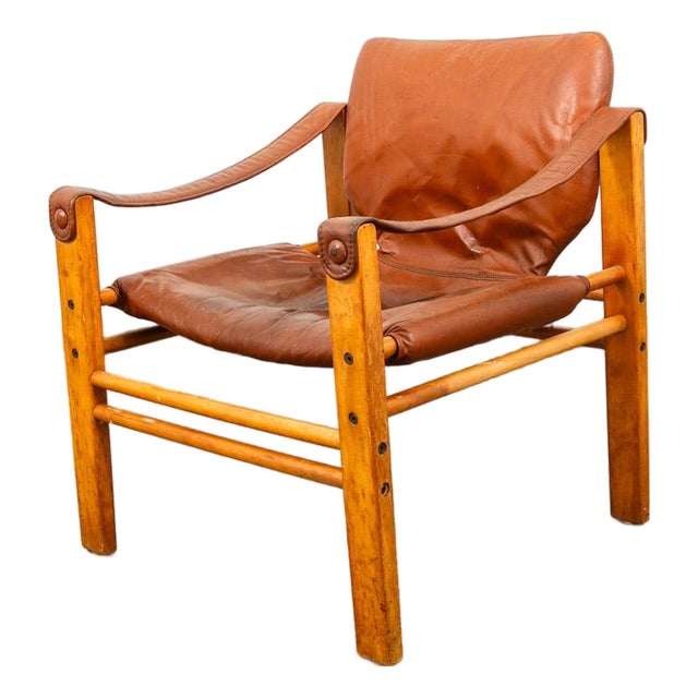 Mid Century Danish Modern Lounge Chair Safari Brown Leather Arm Sling Vintage For Sale