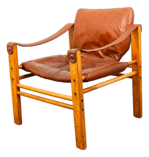 Mid Century Danish Modern Lounge Chair Safari Brown Leather Arm Sling Vintage