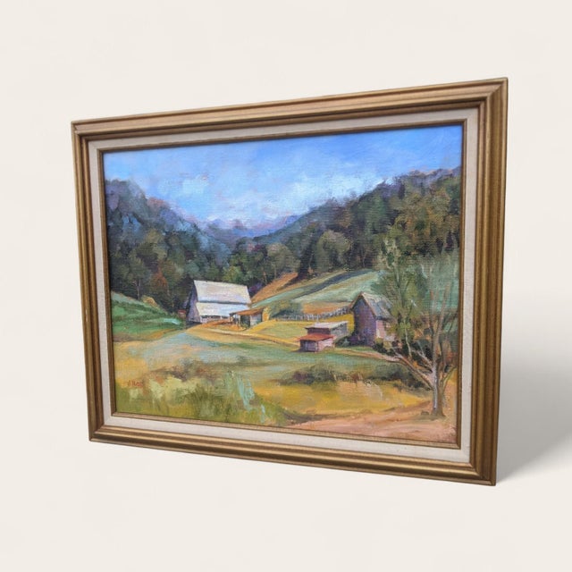 Green Mid Century Farmland Fields Landscape Oil Painting Signed For Sale - Image 8 of 12