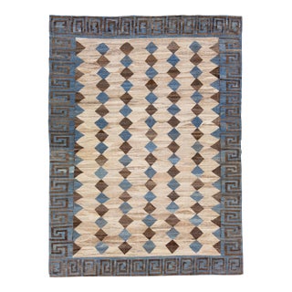 2020s Flatweave Deco Style Kilim Wool Rug With Beige Modern Geometric Design For Sale
