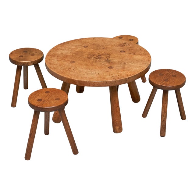 Mid-Century Modern Coffee Table and Stools in Oak, 1940s, Set of 5 For Sale
