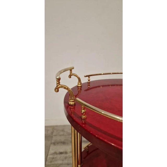 Italian Red Parchment Round Serving Trolley with Brass Details attributed to Aldo Tura, 1970s For Sale - Image 4 of 11