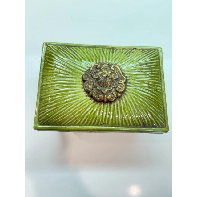 Hollywood Regency Vintage Italian Green Glazed Ceramic Trinket Box With Gold Filigree Medallions For Sale - Image 3 of 7