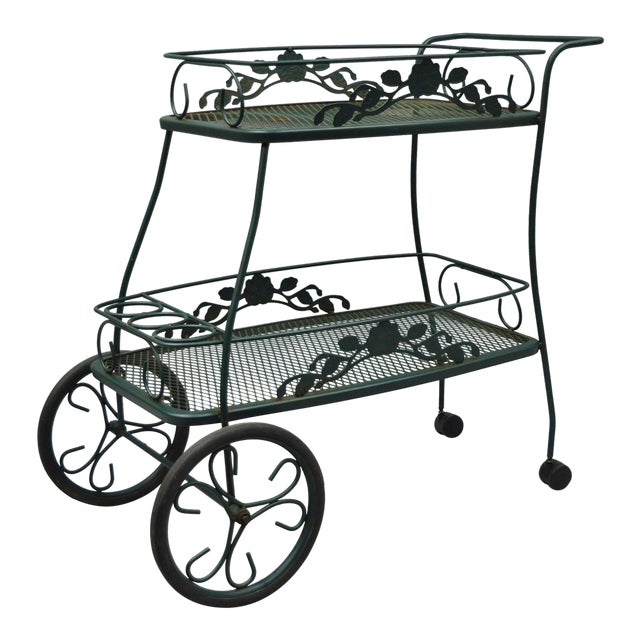 Meadowcraft Dogwood Green Wrought Iron Tea Cart Rolling Bar Server