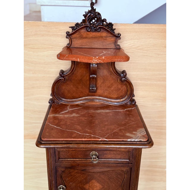 Antique French Walnut Night Stands with marble top and crest, 1900, A Pair For Sale In Miami - Image 6 of 18
