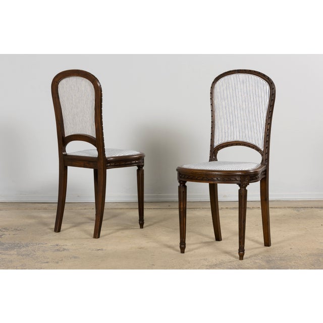 French Louis XVI Style Walnut Dining Chairs, Blue Striped Linen Upholstery – Set of 6 For Sale In New York - Image 6 of 18