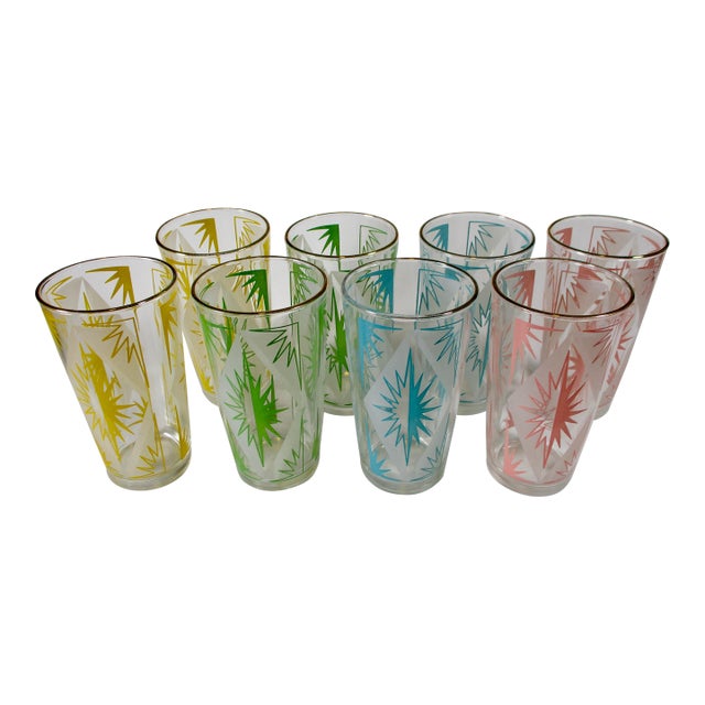1960s Hazel-Atlas Mid-Century Atomic Pastel Starburst Glasses - Set of 8 For Sale
