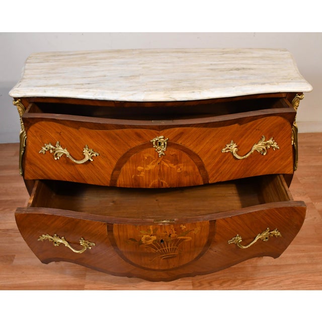 Brown 1910 Antique French Louis XV Satinwood Inlaid & Marble Top Commode / Dresser For Sale - Image 8 of 13