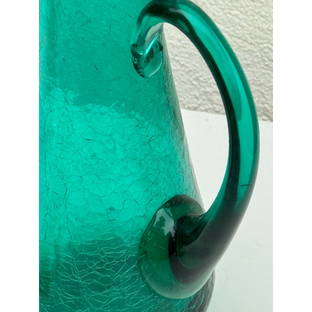 Mid-Century Modern 1950s Vintage Teal / Emerald Crackle Glass Mid-Century Vase- Tall For Sale - Image 3 of 8