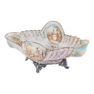 Antique Viennese Enamel & Silver Footed Dish, Courting Scenes, 19th C. For Sale