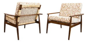 1960s Vintage Danish Modern Afromosia & Cane Lounge Chairs by Hans Olsen for Juul Kristiansen - Set of 2