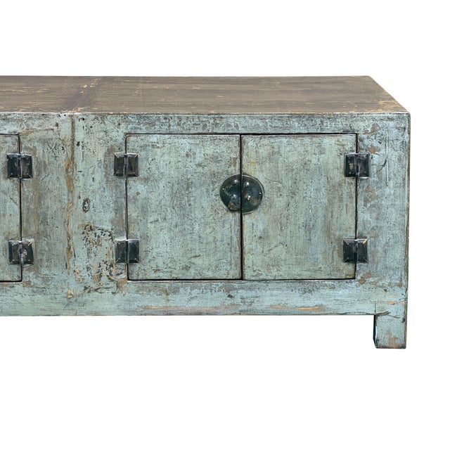Distressed Light Teal Gray Low Doors Hardware Console Sideboard Cabinet For Sale - Image 9 of 12