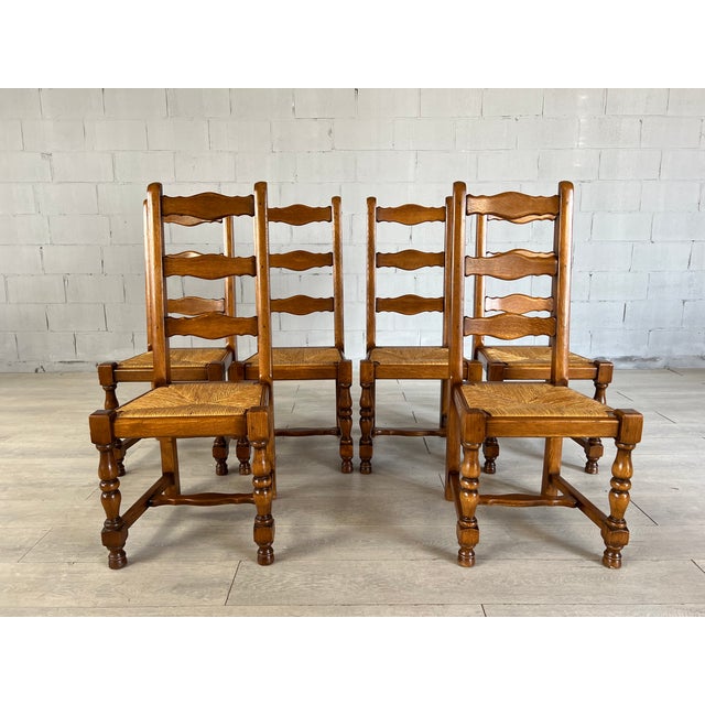 Vintage French Ladder Back Dining Chairs With Rush Woven Seats Set of