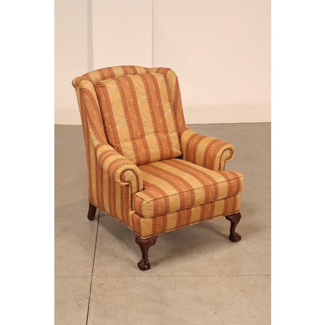 High Quality American Made Upholstered Lounge Chair on Carved Mahogany Ball and Claw Feet