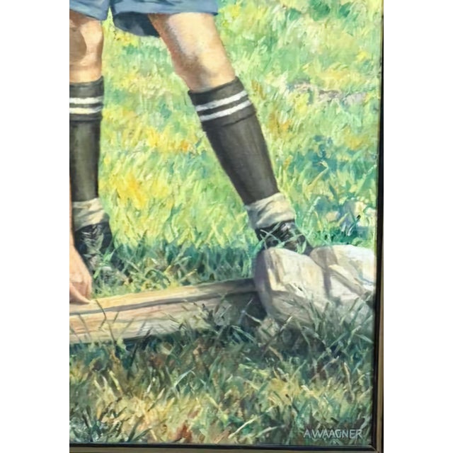1920s Large Signed Oil on Canvas Painting by Alfred Waagner, Two Scouts in an Alpine Meadow, Early 20th Century. For Sale - Image 5 of 11
