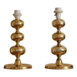 Swedish Brass Bobbin Table Lamp from NAFA Nybro Armaturfabrik AB, Set of 2 For Sale