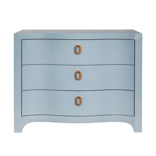 Matthew Izzo Home Cora Light Blue Textured Linen Three Drawer Chest With Satin Brass Drawer Pulls For Sale - Image 9 of 9