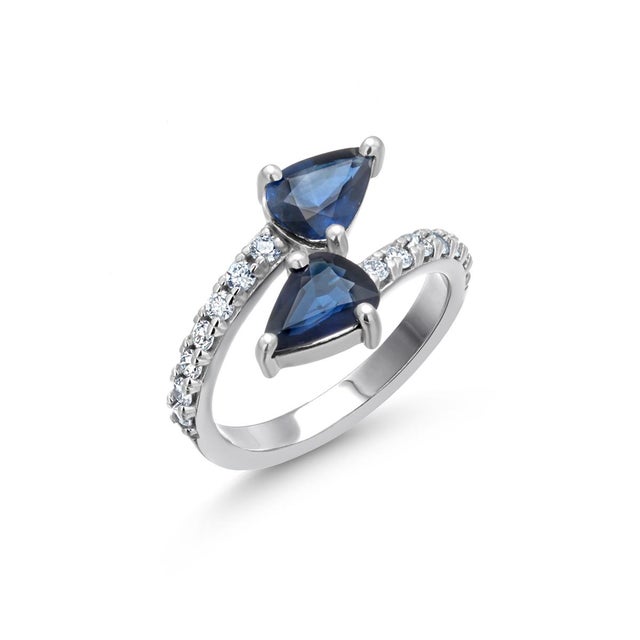 Blue 14k White Gold Matched 2 Pear-Shaped Sapphire and Diamond Cross Ring, Size 6.25 For Sale - Image 8 of 9